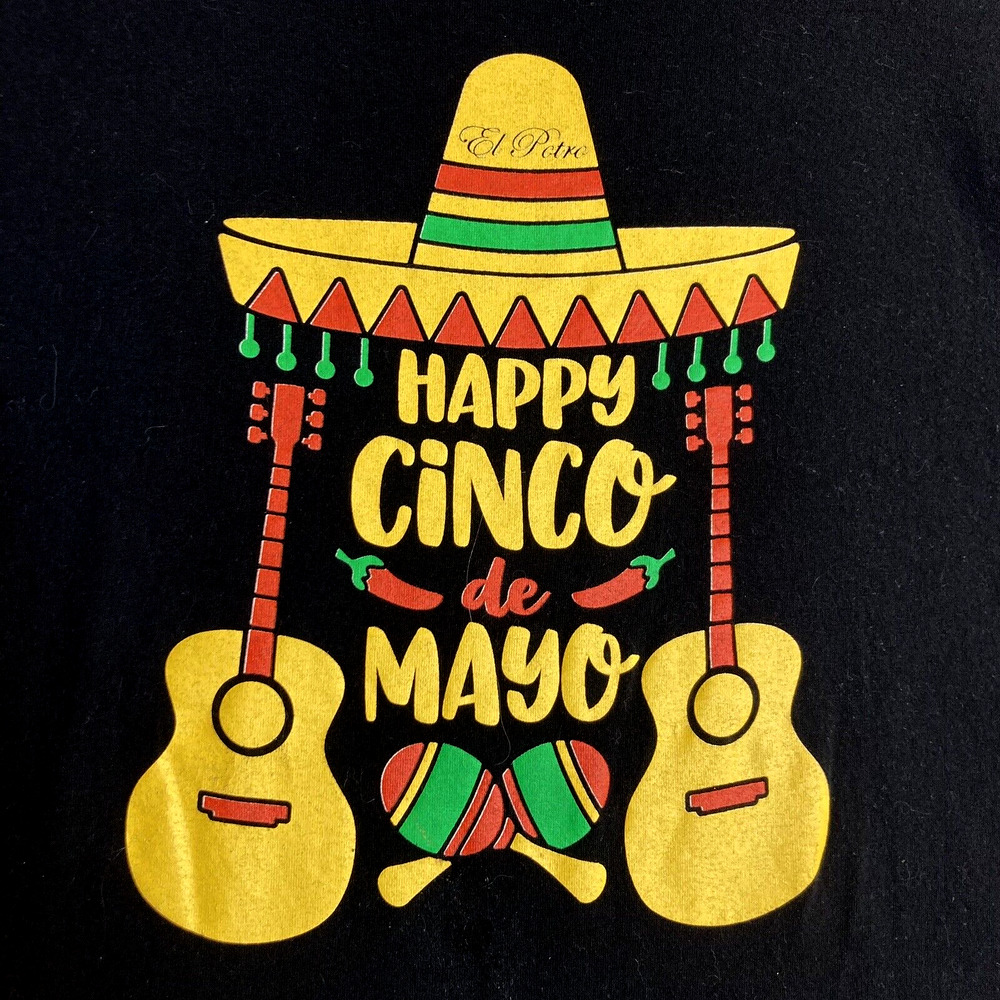 Cinco de Mayo Graphic T-Shirt Womens L Black Tee Casual Colorful Cotton